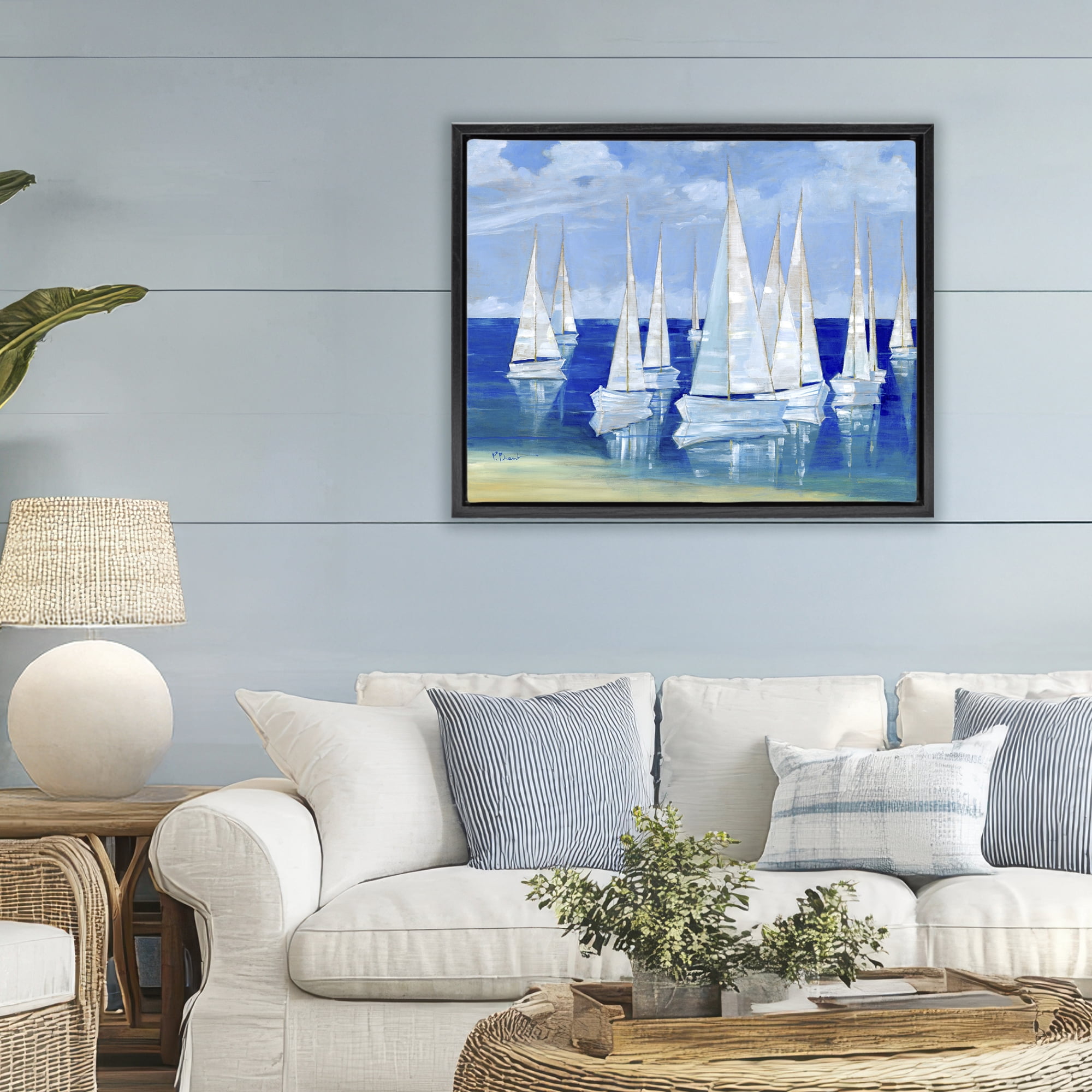 Stupell Industries Blanco Beach Sailboats Black Framed Floater Canvas Wall Art, design by Paul Brent