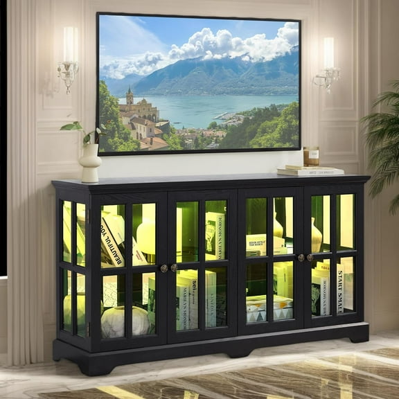 59.05" W LED Curio Cabinet with 7 Color Lights, Vintage Glass Display Cabinet with 4 Glass Doors and Adjustable Shelves, Wooden China Case with Smartphone-Controlled for Living Room (Black)