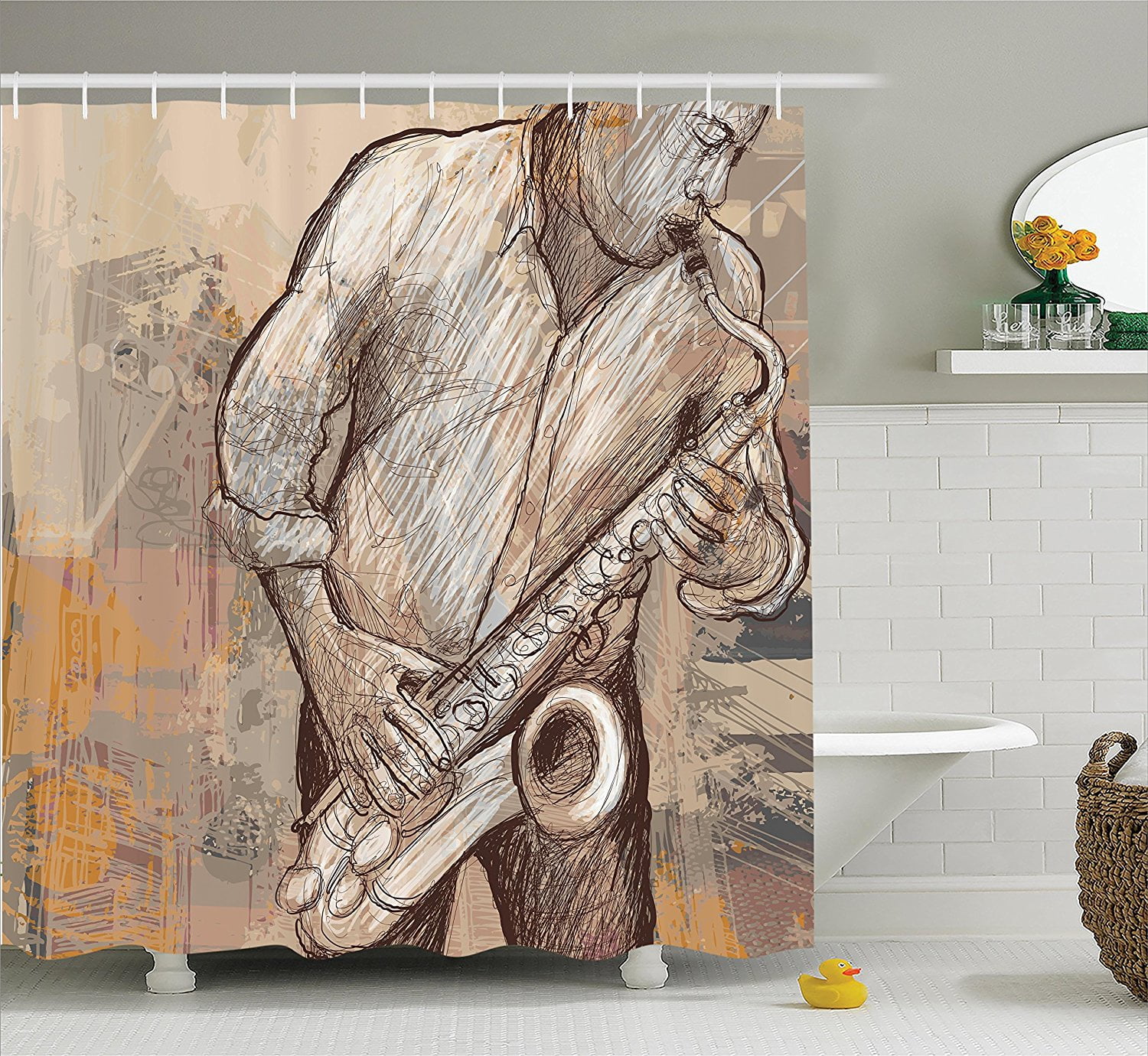 Jazz Music Decor Shower Curtain Set By Ambesonne Grunge Style Illustration 