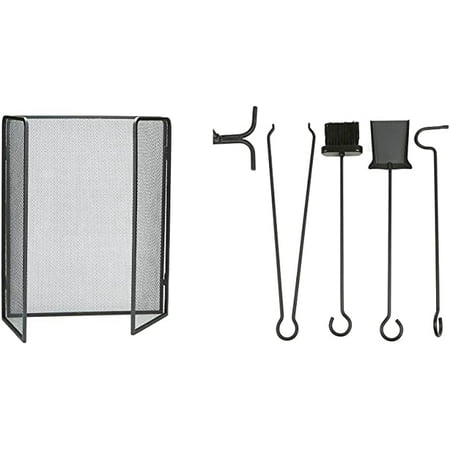 

ESCREEN-BLK 3 Panel Fire Place Screen Door Panel with Double Bar Black Finish Black &E4-BLK 4 Piece Stand Alone Fire Pl