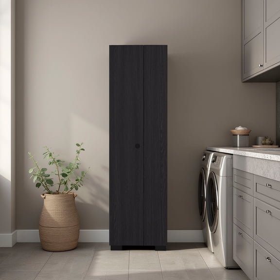 Lake Broom Cabinet with Slim Design,Inner Adjustable Shelves, Side Broom Hangers