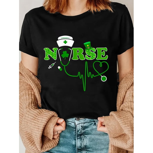 Women's St. Patrick's Day Nurse T-Shirt - Black with Clover & Stethoscope Print, Casual Crew Neck Short Sleeve Top, Polyester, Machine Washable - Perfect for Spring & Summer, Nurse Shirt Tee For Adul