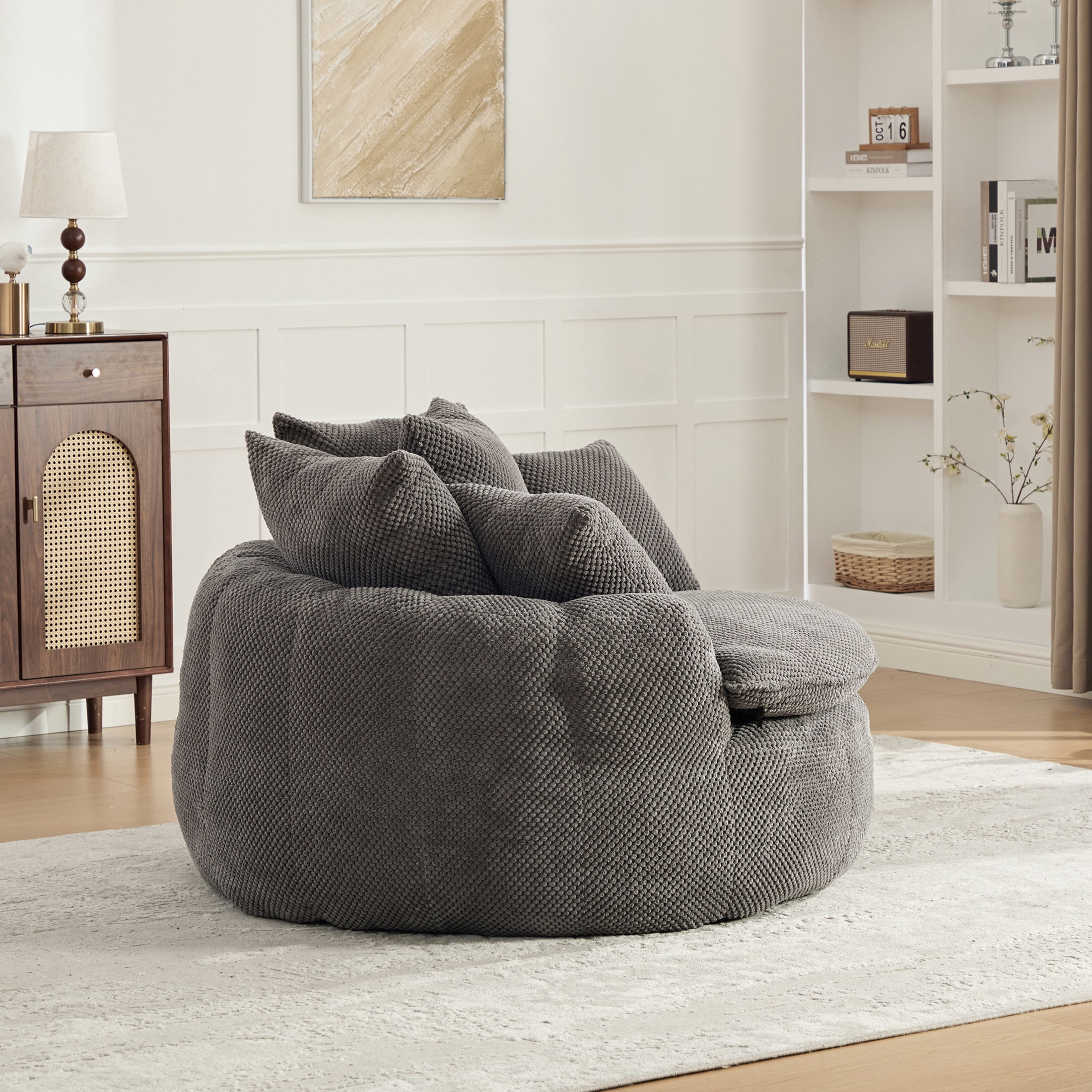 GDF Studio 53.15-Inch Oversized Pumpkin-Shaped Lounge Chair with Pineapple Lattice Fabric, Gray
