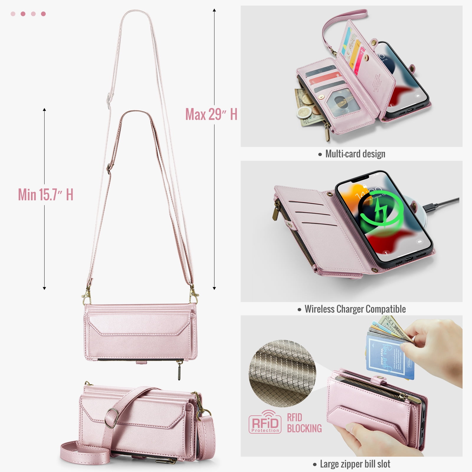 Compatible with iPhone 14 Pro Max 6.7 inch Zipper Wallet Phone Case Tempered Glass Screen Protector Crossbody Lanyard Strap Flip Card Holder Slot Cell Cover for iPhone14promax i14Max Women Rose Gold