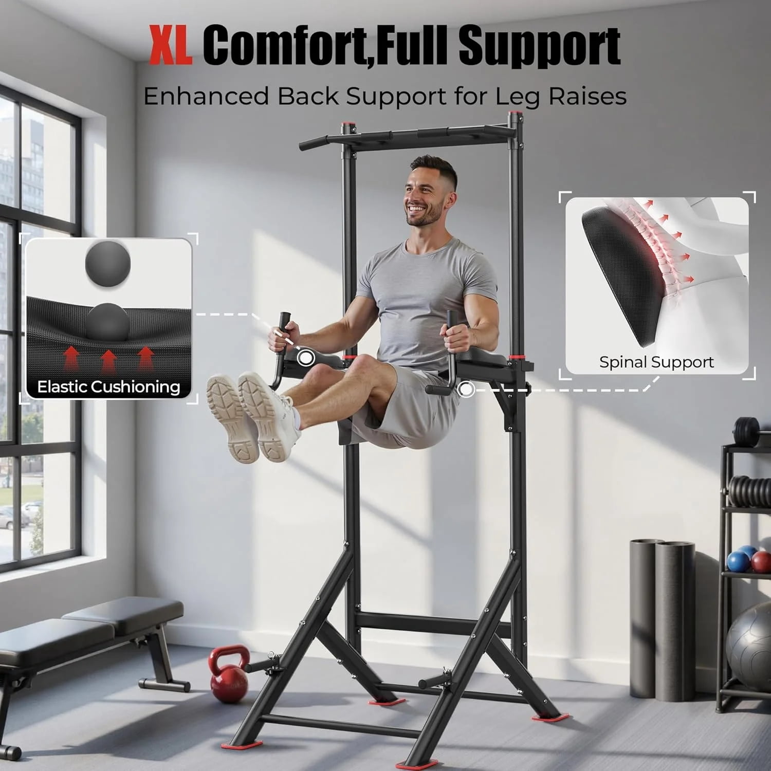 FED Fitness Sportsroyals Power Tower Pull Up Bar Station, 450LBS Stable Pull Up Dip Station for Home Gym