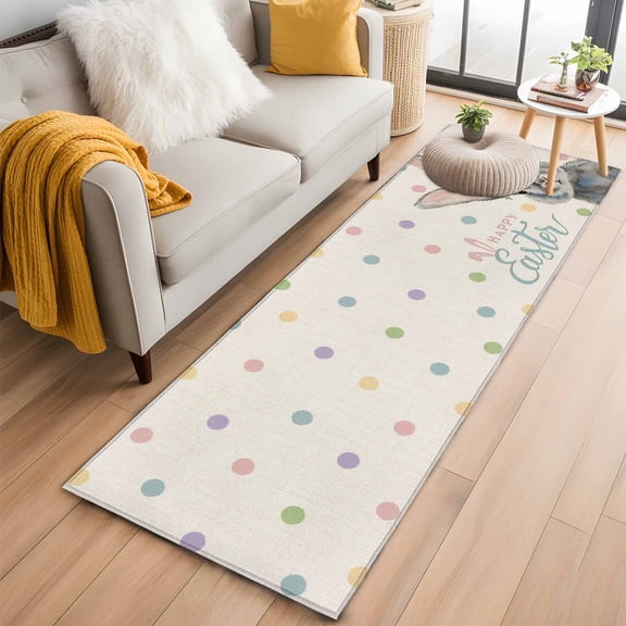 Happy Easter 2'x6' Runner Rugs for Hallway Kitchen Bedside Non Slip Washable, Spring Rabbits Polka Dots Beige Burlap Entryway Rug Runners with Rubber Backing, Long Carpet Runner for Laundry Room
