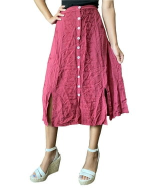 Mogul Women Midi Skirt, Pink Embroidered Skirt, Retro 70s Fashion Button Down Bohemian Gypsy Skirts SM