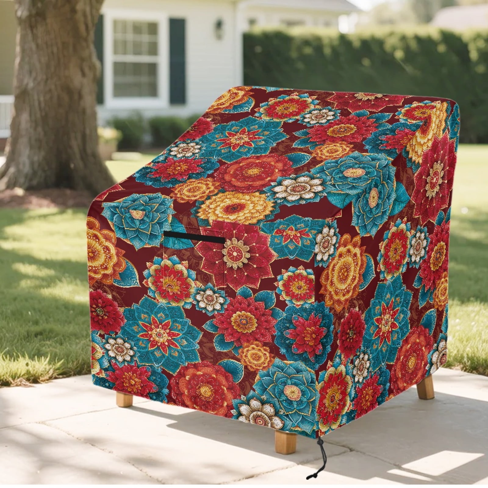 Renewold Waterproof Outdoor Chair Covers UV Protection Dust Proof Swivel Outdoor Chair Cover for Patio Lawn Furniture Fits up to 29W x 33D x 36H Inches, Bohemian Flower Red Blue