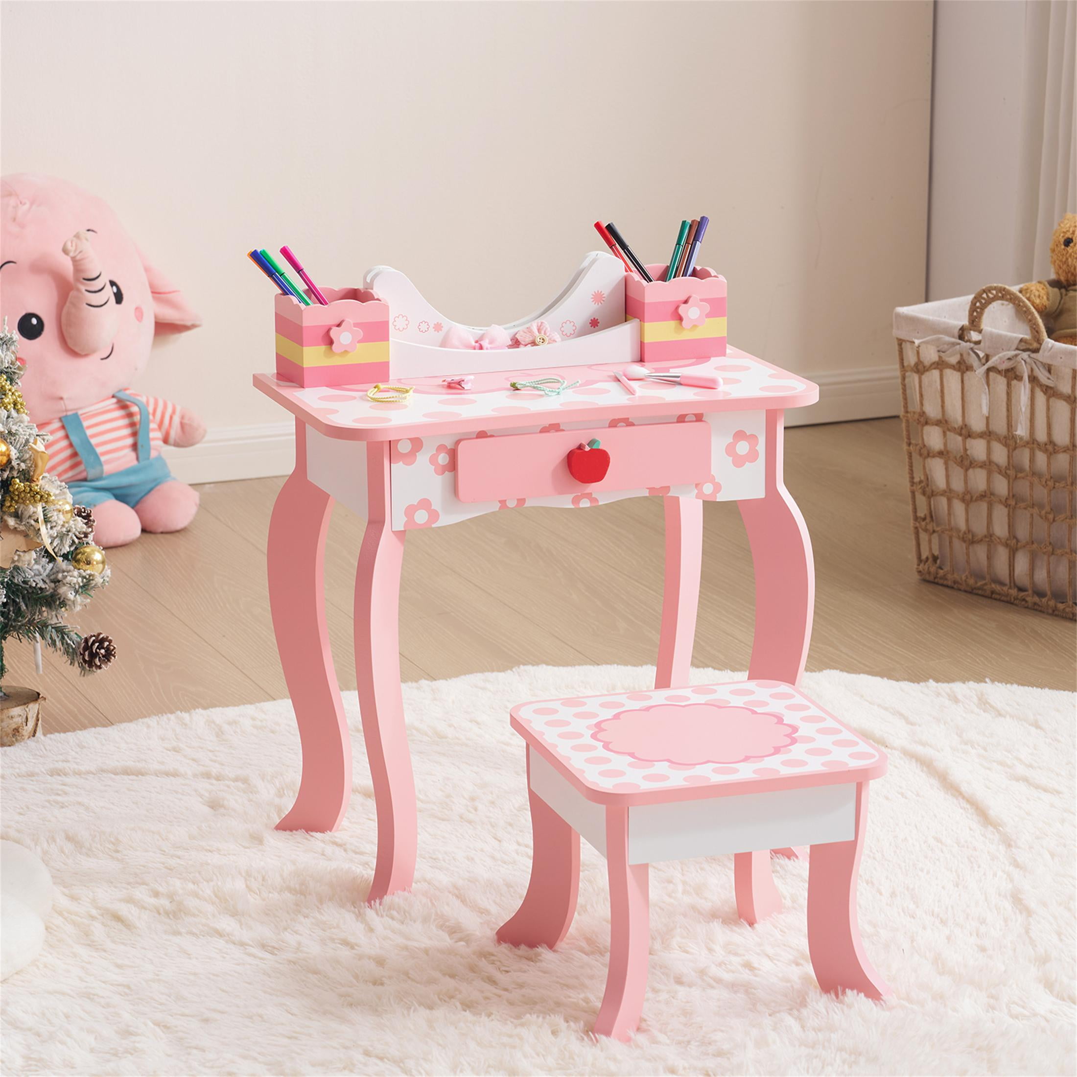 SESSLIFE Kids Vanity Set with Mirror and Drawers, Wooden Princess Makeup Desk Set, Toddler Dressing Table Set, Pretend Play Kids Vanity Table and Chair Set for Little Girls aged 3+, White