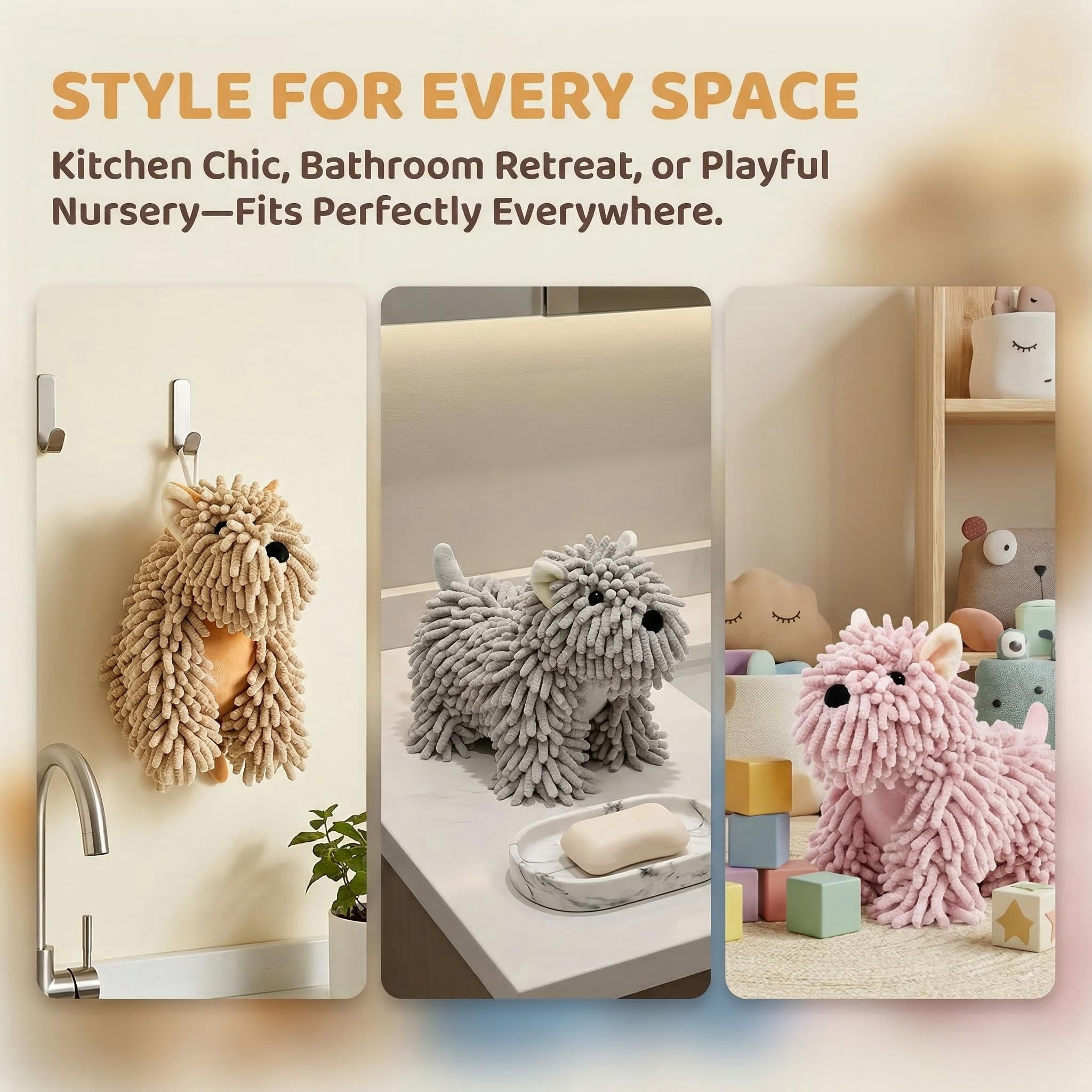 Dog Hand Drying Towel – Soft Absorbent Chenille Hanging or Stand Design for Bathroom Kitchen Use, Cute Animal Style Decorative Towel for Daily Home Use