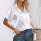 thumbnail image 2 of Blusa de seda satinada para mujer, camisa informal de manga corta con botones y cuello vuelto, color blanco L, 2 of 5