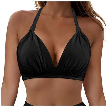 adviicd Women s Underwire Bikini Tops V Neck Halter Swim Top Push Up Criss Cross Bathing Suit Top Only Black S