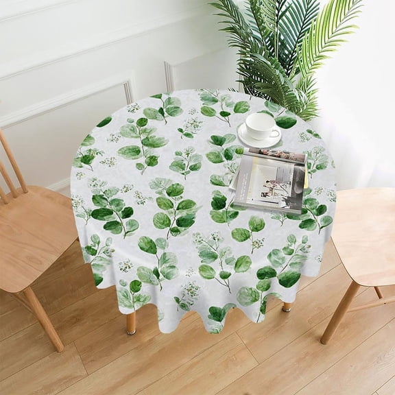 RKSupls 60 Inch Round Tablecloth, Eucalyptus Leaves Pattern Premium Polyester Straight Edge Wrinkle Resistant Washable Table Cover for Party Home Dining Decor
