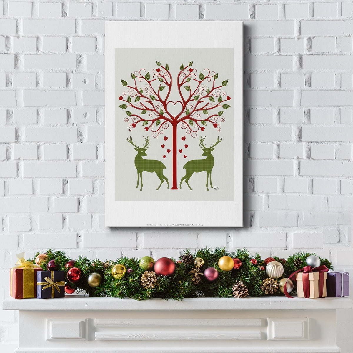 Christmas Des - Deer and Heart Tree, On Cream- Gallery Wrapped Canvas