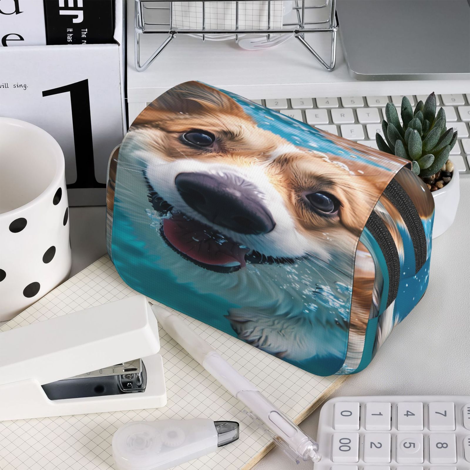 Rateoe Sea Swimming Corgi Pattern Double Clamshell Pen Case, Storage Organizer with Two Zipper Compartments– Holds Up to 50 Pencils & Pens