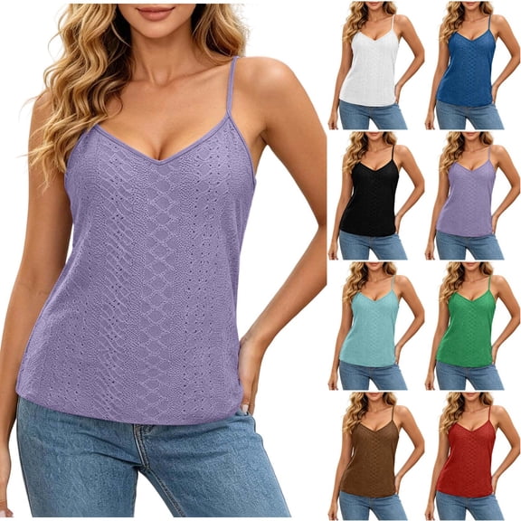 Yourumao Eyelet Camisole Tops for Women V Neck Adjustable Spaghetti Straps Tank Top Sleeveless Loose Casual Tunics for Summer Dailywear
