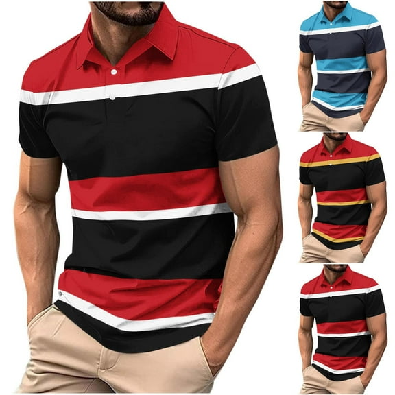 WRKEKC Color Block Striped Men's Collared Shirts Short Sleeve Button Pullover Top Soft Breathable for Casual Sports Daily Weekend Looks