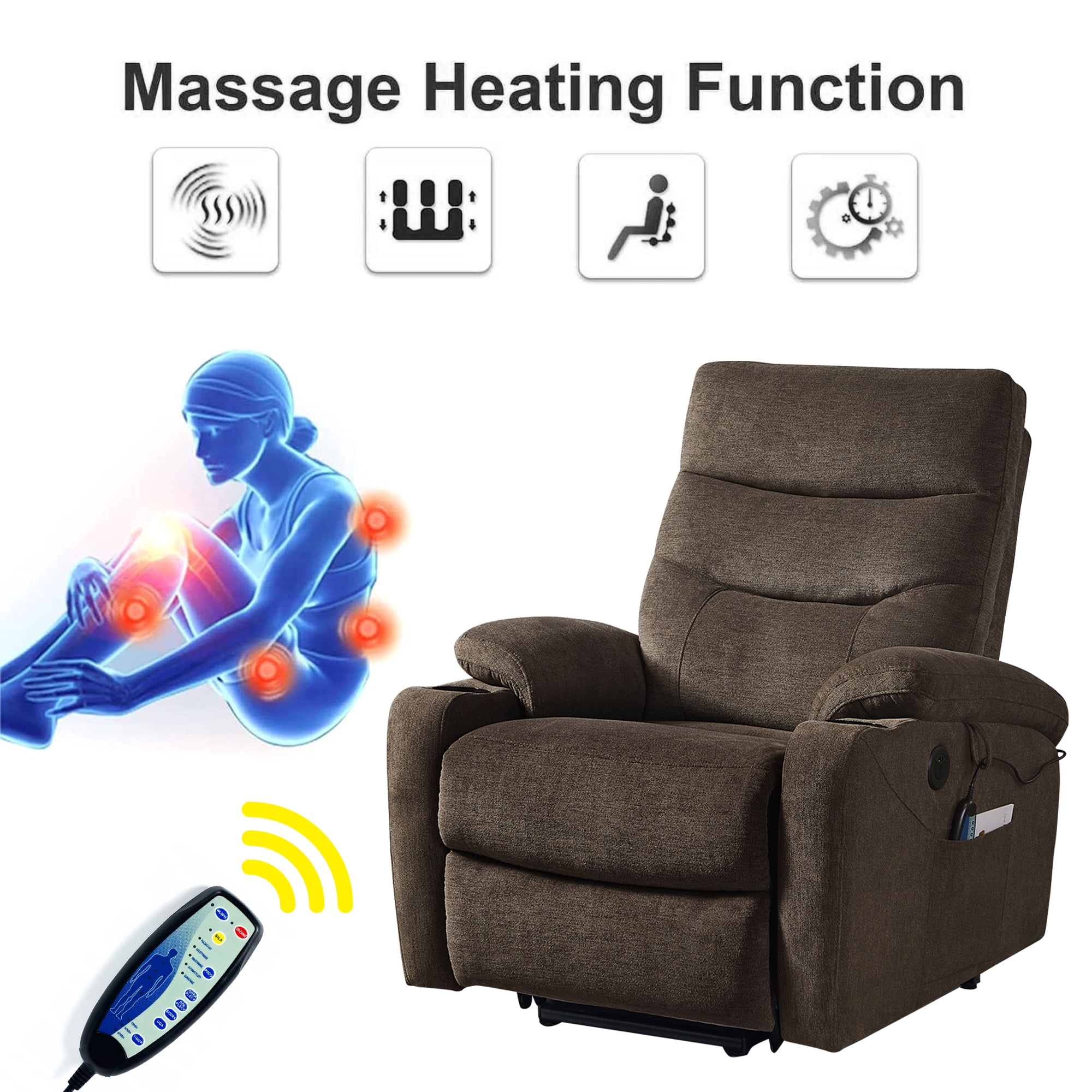Aukfa Electric Power Lift Recliner Chair with Massage and Heat, USB Ports, 2 Side Pockets, Cup Holders for Elderly, Dark Brown