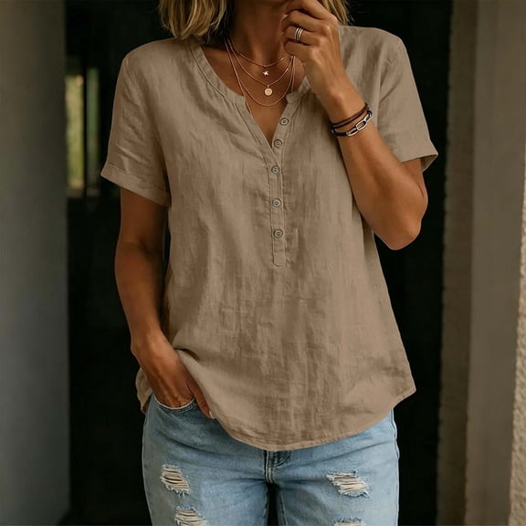 QUNYINEY V Neck Womens Short Sleeve Tops Cotton Linen Summer T-Shirts Button Loose Fit Solid Casual Pullover Tops