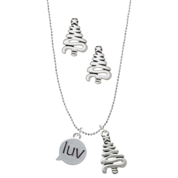 Delight Jewelry Silvertone Text Chat - luv - Love - Silver tone Zig Zag Christmas Tree Charm Necklace and Stud Earrings