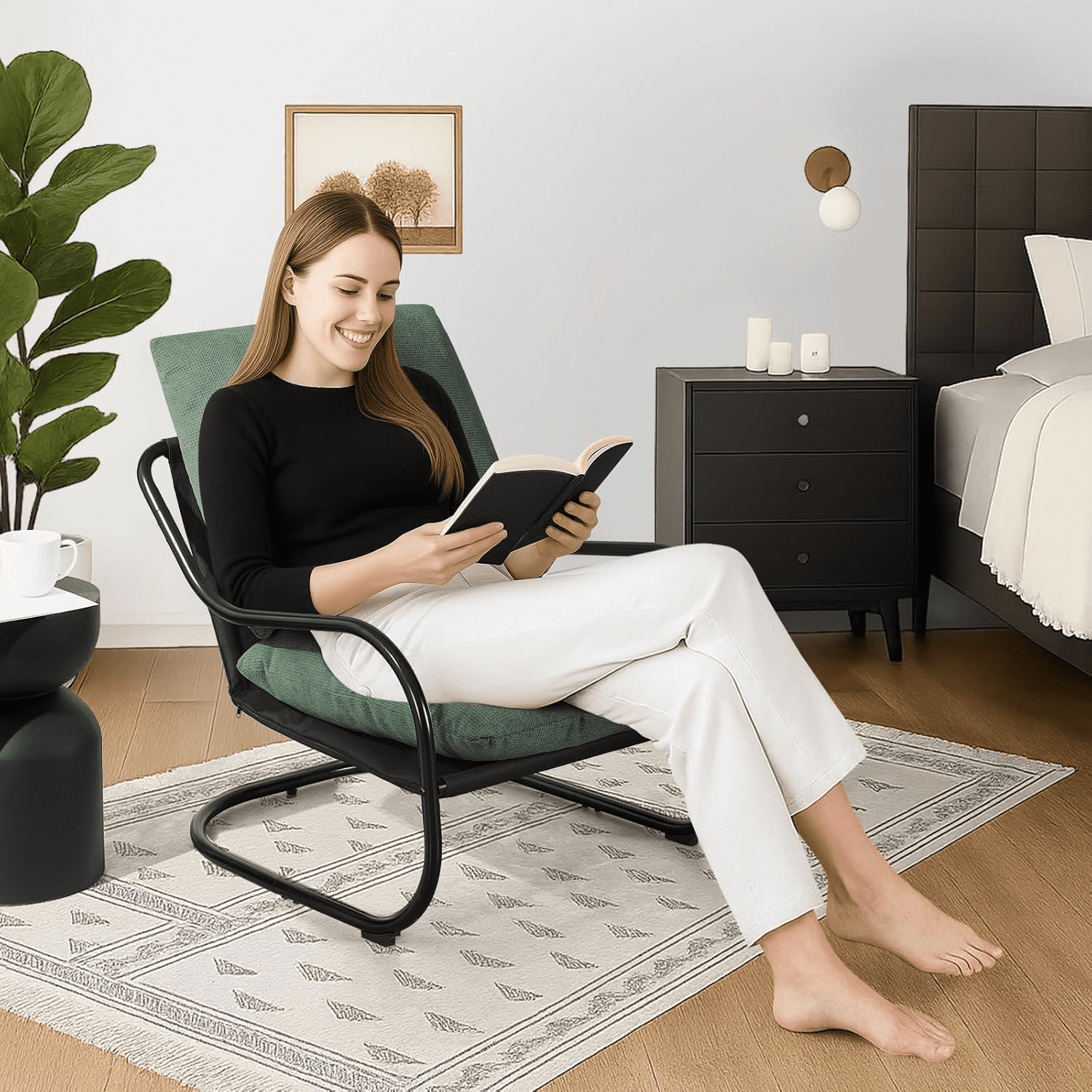 Gewnee Ergonomic Low Profile Accent Armchair, Heavy-Duty Metal Frame Upholstered Reading Side Chair, Space-Saving for Living Room Bedroom Office, Green