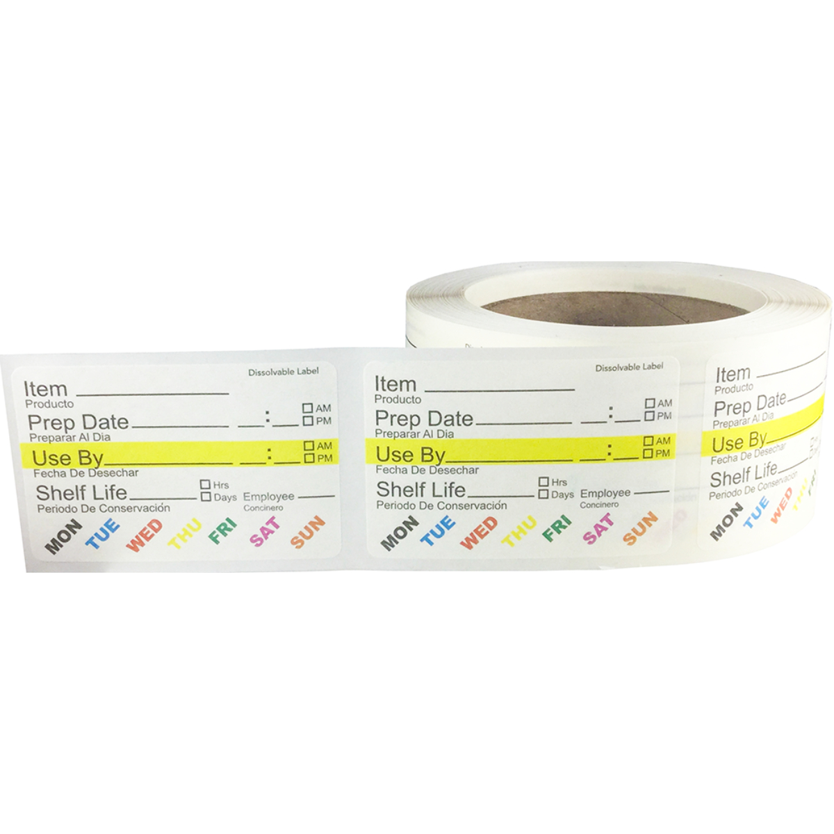 Dissolvable Food Life Rotation Prep Use by Stickers with Spanish Wording, 2 x 3 Inches Wide, 500 Labels on a Roll