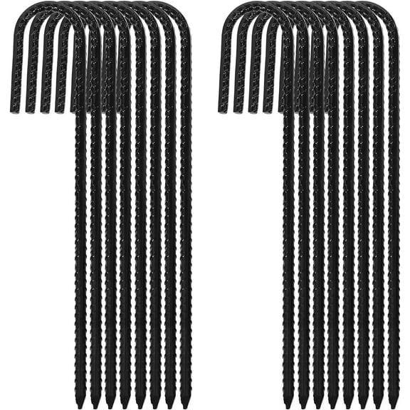 SNYNUXX 12 inch Rebar Stakes J Hook Heavy Duty Galvanized Metal Stakes for Ground Barrel Soil Tent Swing Set Anchors Fence Stakes Curved Steel Plant Support Garden Stakes with Hooks(12in 16pk)