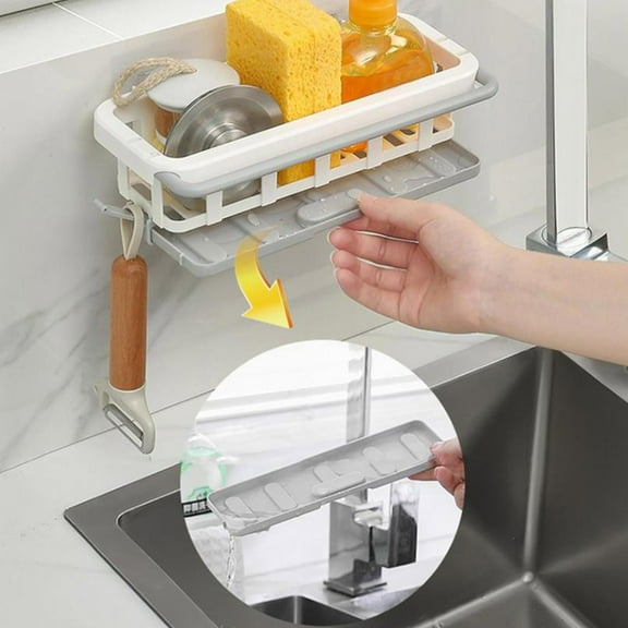 Meitianfacai 4 in 1 Adhesive Sponge Holder Sink Caddy, Plastic Sink Basket Brush Holder   Dish Cloth Hanger   Soap Rack   Sink Stopper Holder, Two Installation Ways Kitchen Sink Caddy