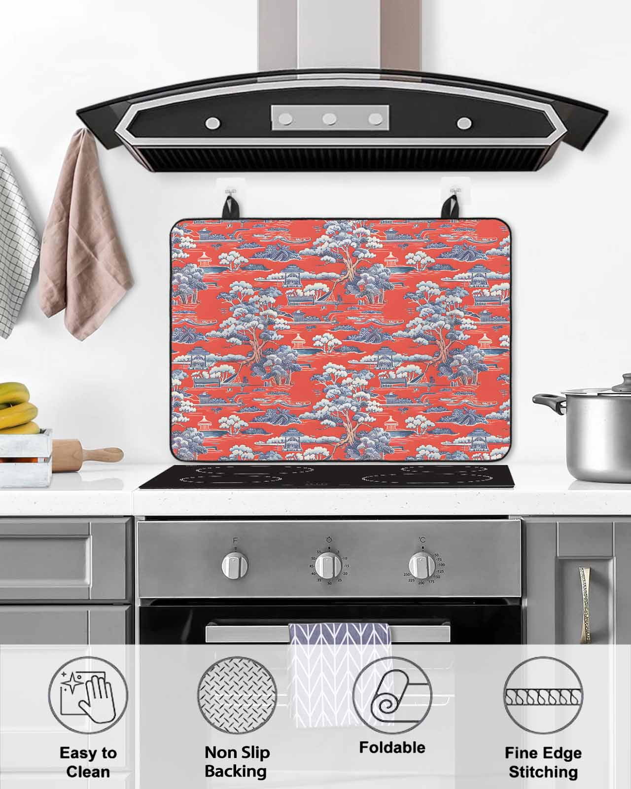 nqOlkjepod Large Induction Cooktop Protector Mat 24"x21", Red Garden Stove Top Covers for Electric Stove, Modern Art Retro Building Trees Landscape Stove Burner Cover Mats, Glass Top Stove Cover