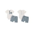 thumbnail image 2 of Baby Toddler Boy Summer Outfits 3 6 12 18 Months Contrast Color Henley Short Sleeve Romper with Solid Color Shorts 2 Pcs Clothing Set, 2 of 9
