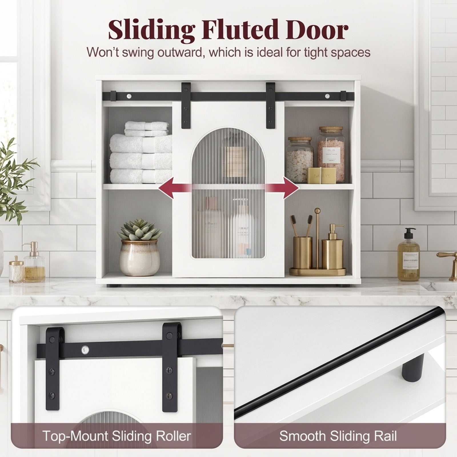 Vebreda Bathroom Wall Cabinet with Sliding Barn Door and Metal Hanging Bar with 3 Hooks, Stylish Farmhouse/Industrial Charm, Secure Wall Mounting