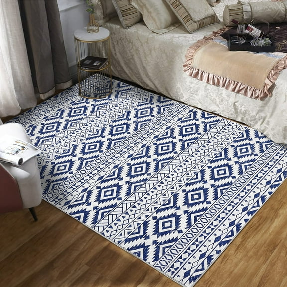 GlowSol 9' x 12' Area Rug Vintage Geometric Boho Rug Soft Non Slip Low Pile Throw Carpet Indoor Foldable Accent Rug for Living Room Bedroom, Blue