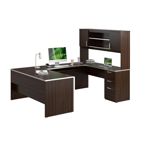 Bestar Ridgeley U Shaped Desk in Dark Chocolate & White Chocolate