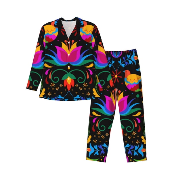 Fotbe Mexican Flower Traditional1 Pijama de Hombre con Estampado de Manga Larga, Conjunto de 2 Piezas, Ropa de Dormir Suave y Cómoda con Bolsillos-Small