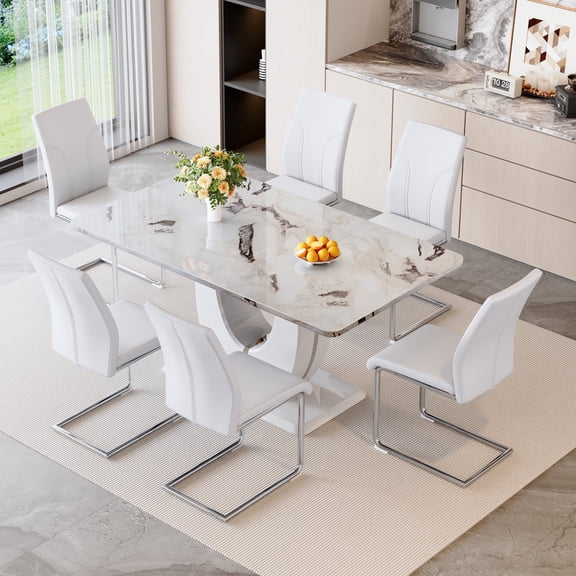 NYEESS 63" White Faux Marble Rectangular Dining Table Set with 6 PU Chairs, Modern Style for Kitchen or Dining Room