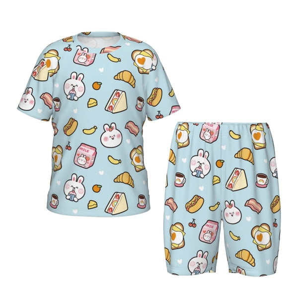 Balery Rabbit Burger Coffee Conjunto de Pijama Infantil de Manga Corta con Estampado – Ropa de Dormir de Algodón Suave-Small