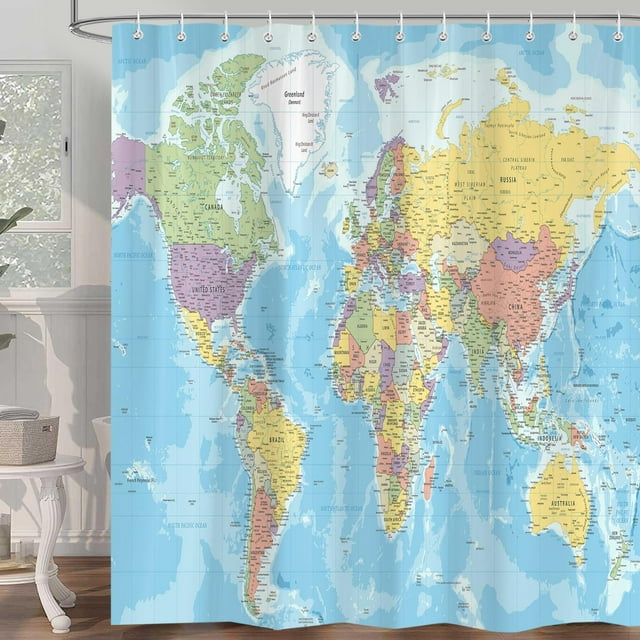 Cortina de ducha con mapa del mundo, geografía, mapa global, país, océano, montañas, países, capitales, ciudades, azul, decoración de baño, tela de poliéster impermeable con ganchos, azul