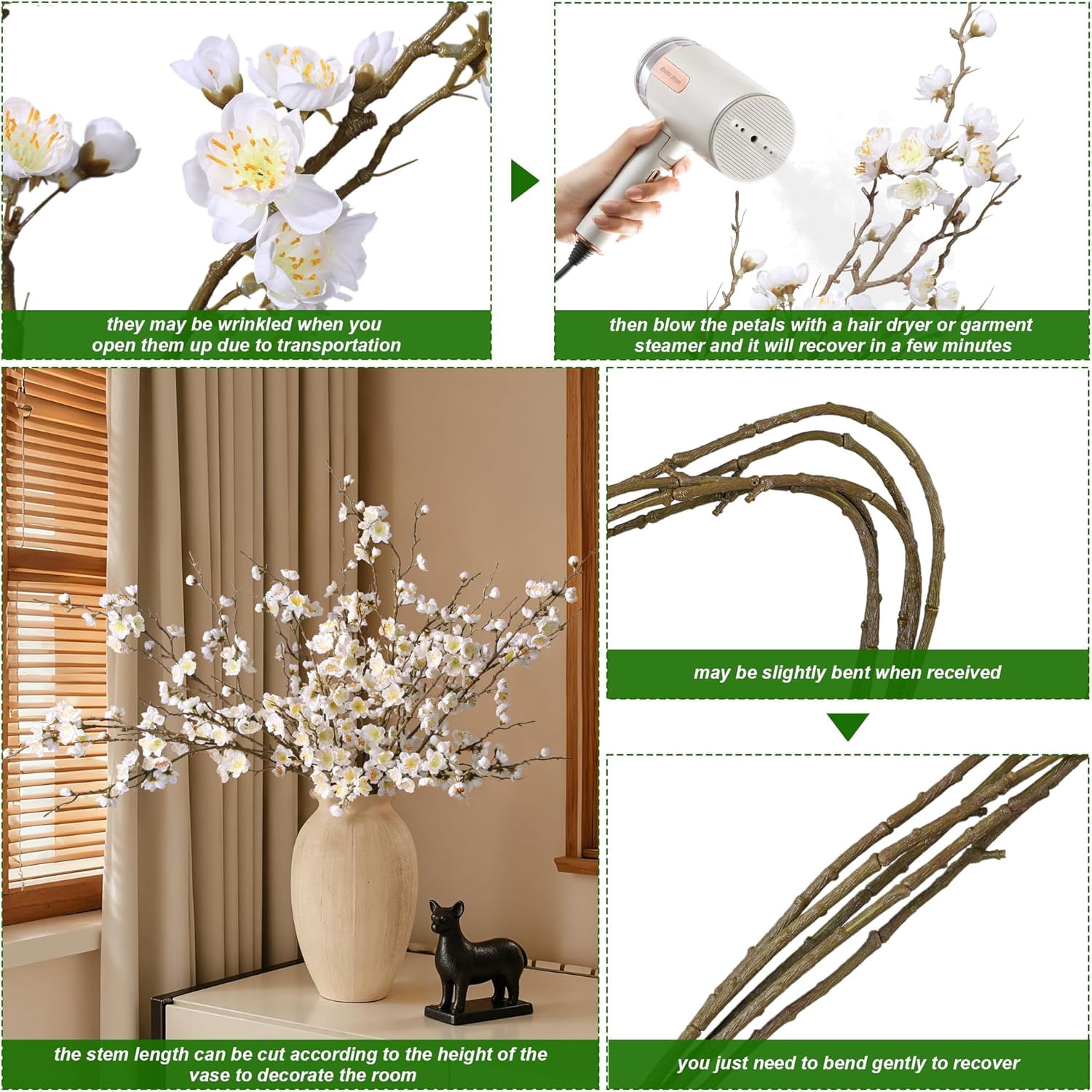 6 PCS Artificial Cherry Blossom Branches Spring Indoor Decoration, Faux Yellow Silk Flowers 34.45" Long Stems Real Touch Plum Fake Peach Plants for New Year Wedding Home Bedroom Table Office