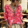 thumbnail image 3 of Women's 3/4 Sleeve V Neck Floral Print Ruffle Blouses Tie Front Flowy Boho Tops Lightweight Woven Casual Shirts Trendy 2026 Summer Beach Outfits Red S, 3 of 5
