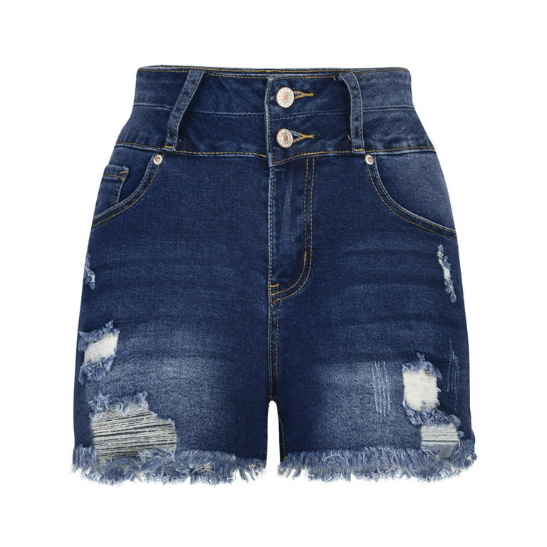 YYDGH Jean Shorts Womens High Waisted Stretchy Two Buttons Frayed Raw Hem  Ripped Denim Shorts Distressed Dark Blue S