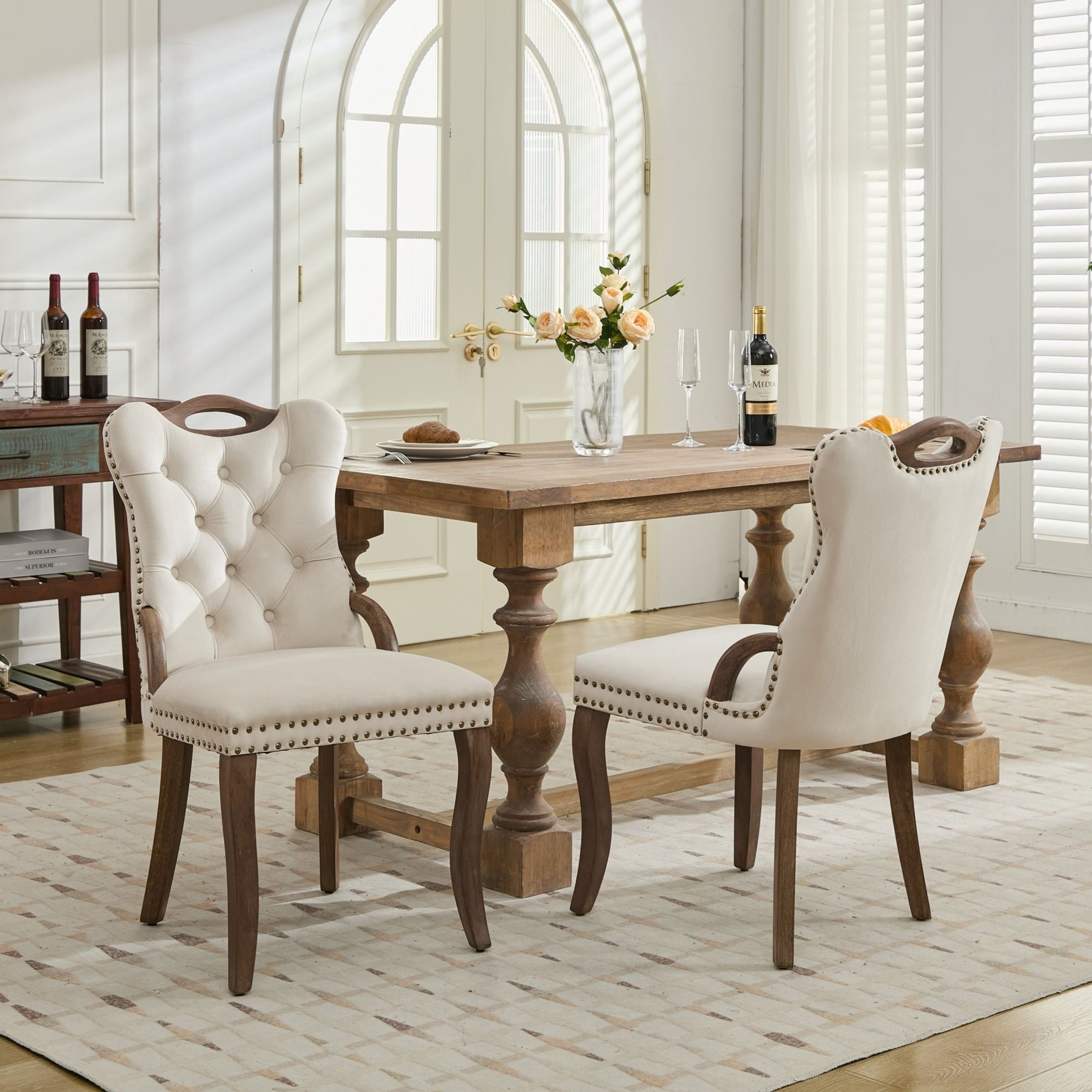 Noble House Set of 2 Dining Chairs with Tufted Velvet Upholstery, Copper Nailhead Trim, Beige