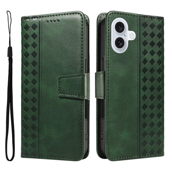 ELEHOLD Wallet Case for iPhone 17, Shockproof Leather Folio Kickstand Case with Card Slots and Strap,Darkgreen