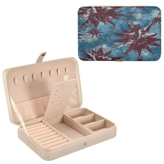 BZSMCE Leather Jewelry Box - Rectangular Red Crystals Pattern 8.27x5.5x1.78in Beige