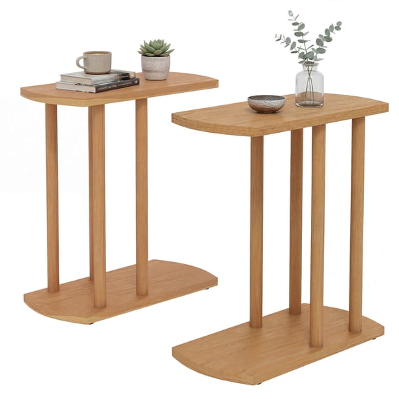Costway 2PCS C-shaped Teak Wood Side Table with Thickened Top, Sturdy Base for Small Spaces