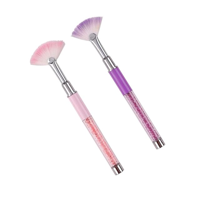 Cepillo de uñas en forma de abanico, color morado y rosa, con mango de diamantes de imitación, purpurina, dibujo artístico, bolígrafo, delineador, cepillo para quitar polvo, cepillo de uñas (paquete d