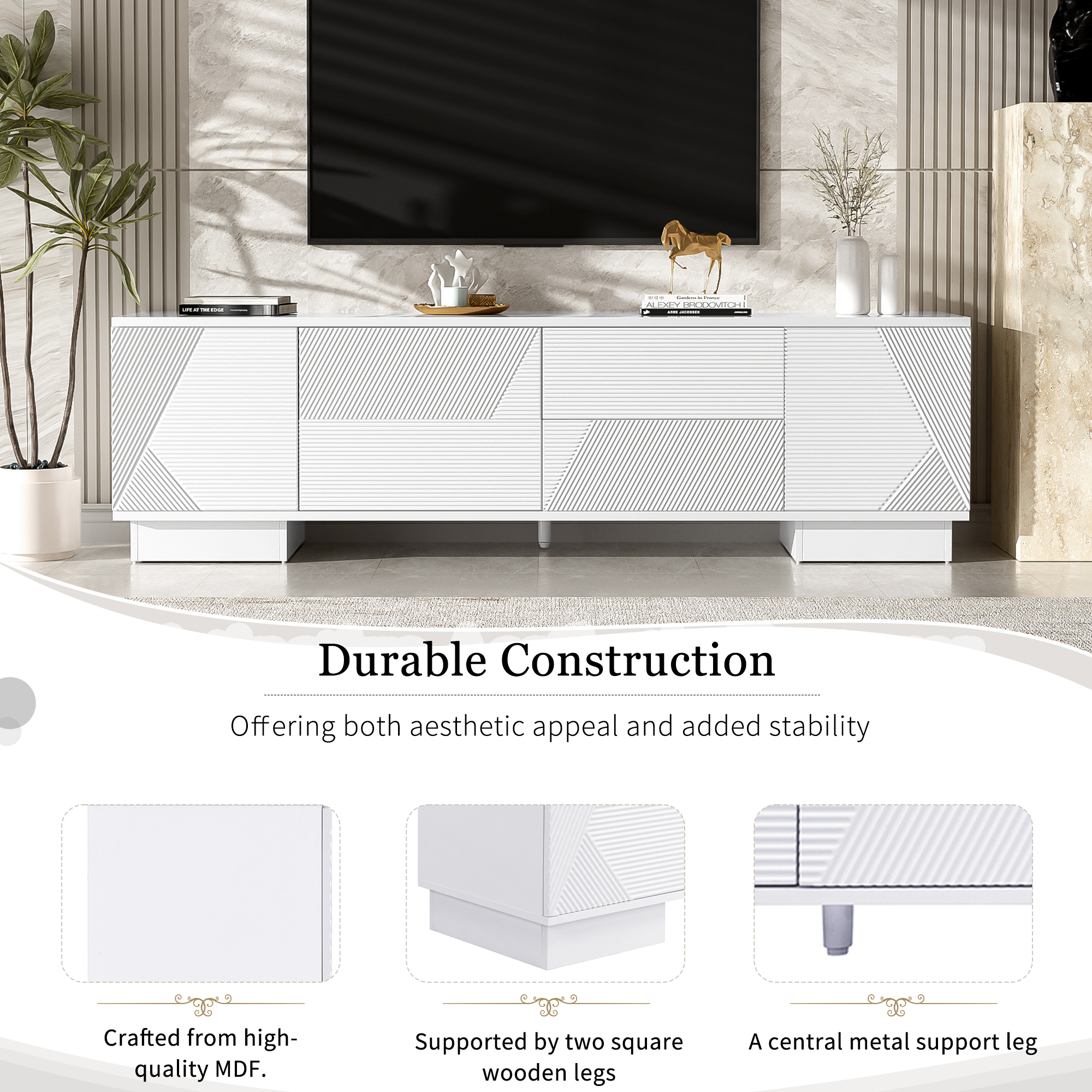 Euroco 70.8'' Modern TV Stand for TVs up to 75 Inches, Entertainment Center with Storage Cabinets, 4 Drawers and a Metal Center Leg, Minimalist Modern Media TV Console Table