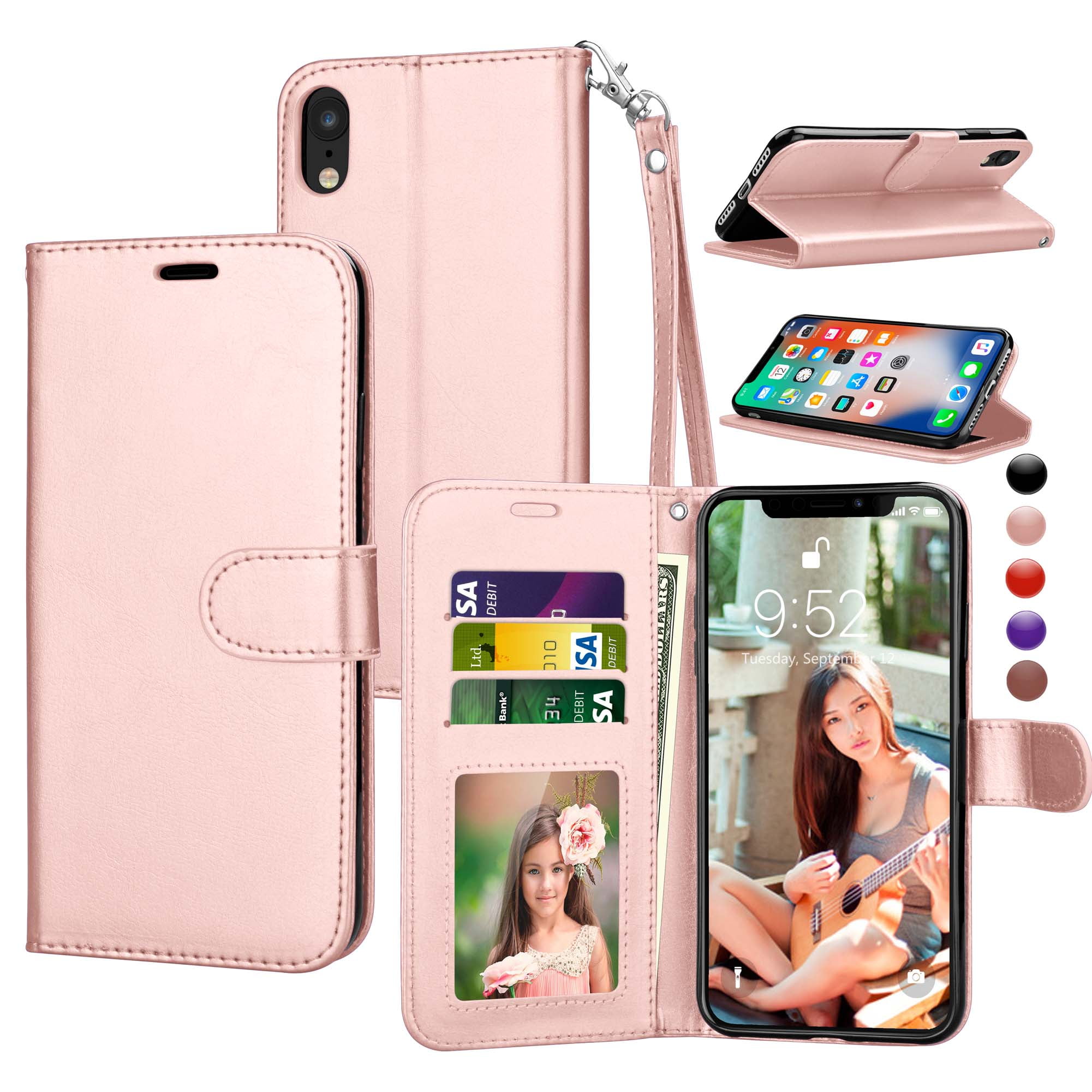 4-Slots Stand Feature ID&Credit Cards Pocket for iPhone Xr 6.1 inch with Wrist Strap and Purple Arae Wallet Case for iPhone xr 2018 PU Leather flip case Cover 