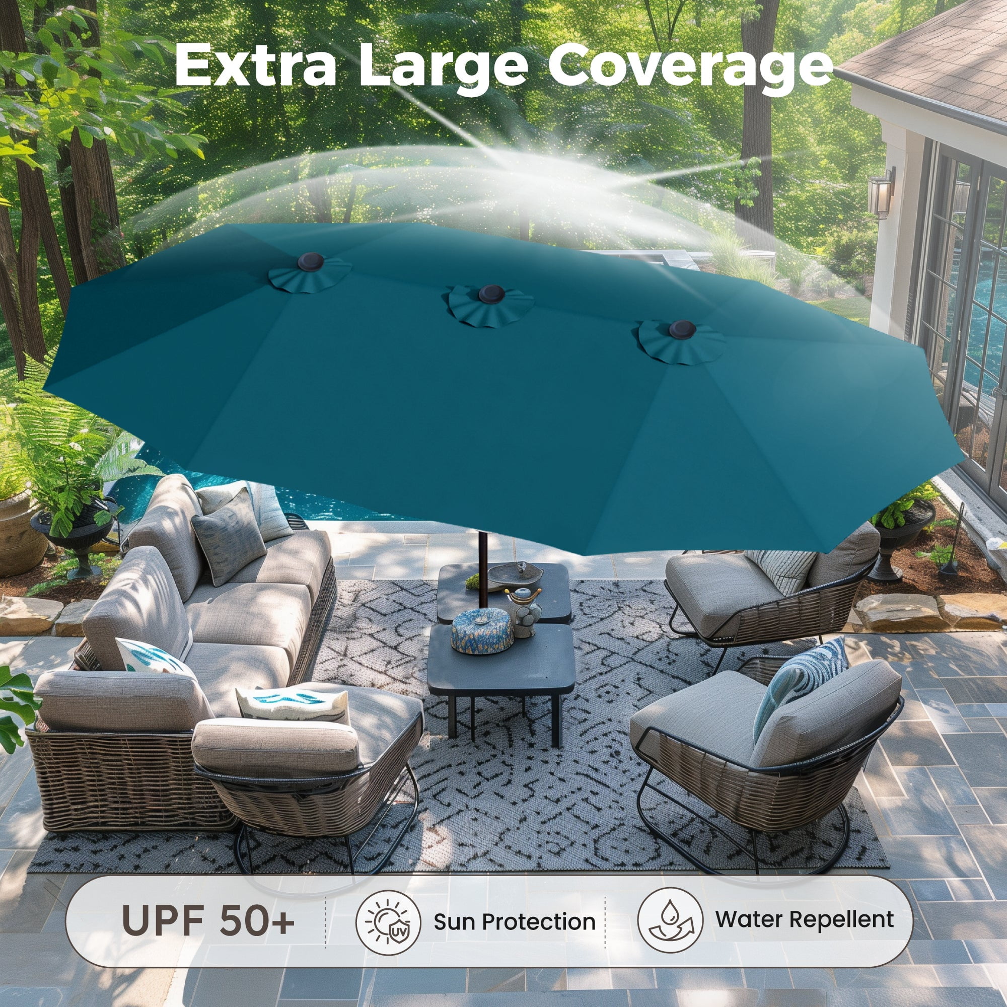 Alpha Joy 13ft Large Double-Sided Outdoor Patio Umbrella with Colorful Solar Lights, Cerulean