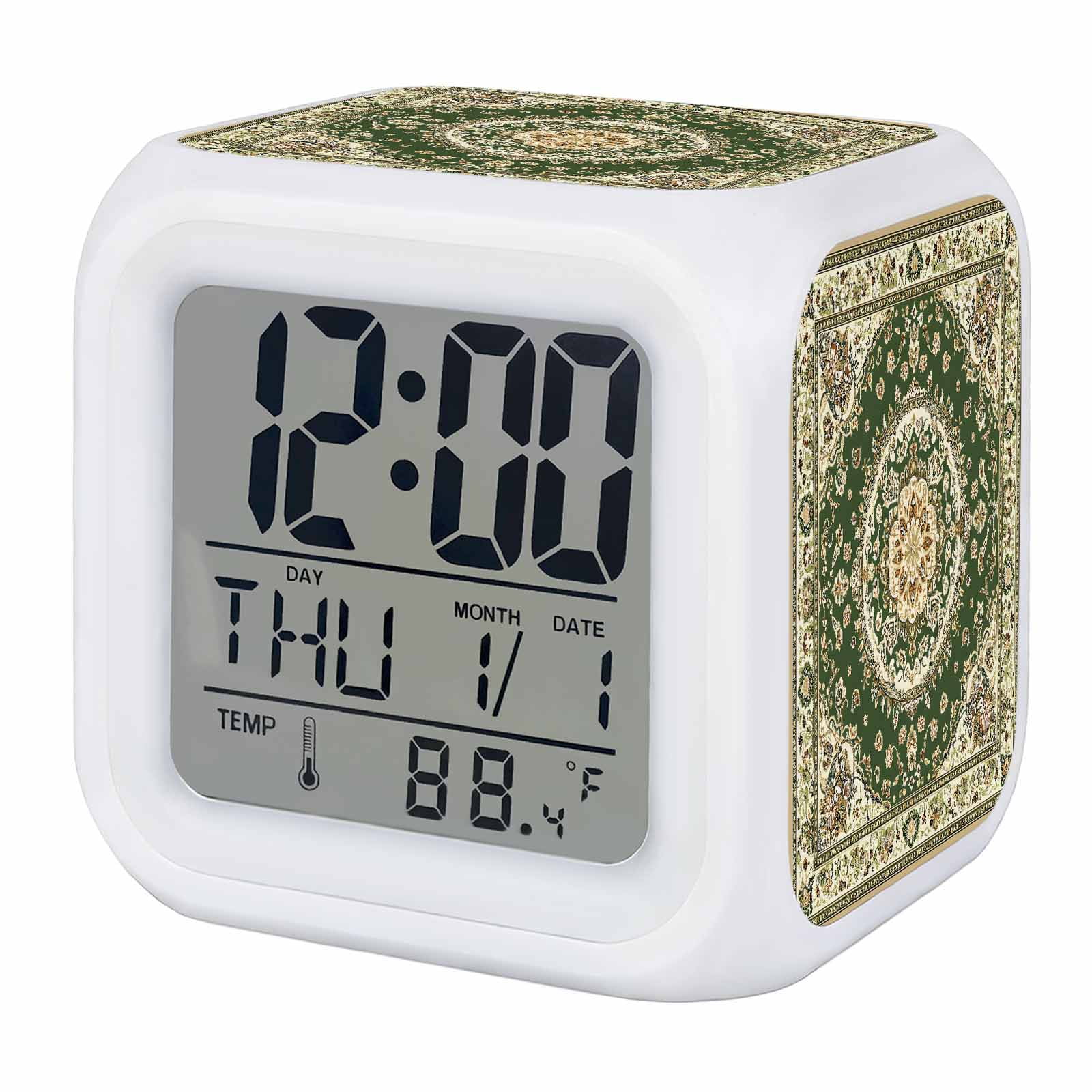 Retro Classical Floral Alarm Clock, Green Ethnic Bohemian Pastoral Digital Clock Night Light with 7 Color, Calendar Temperature Display, LED Desk Small Clock for Bedrooms Bedside Living Room