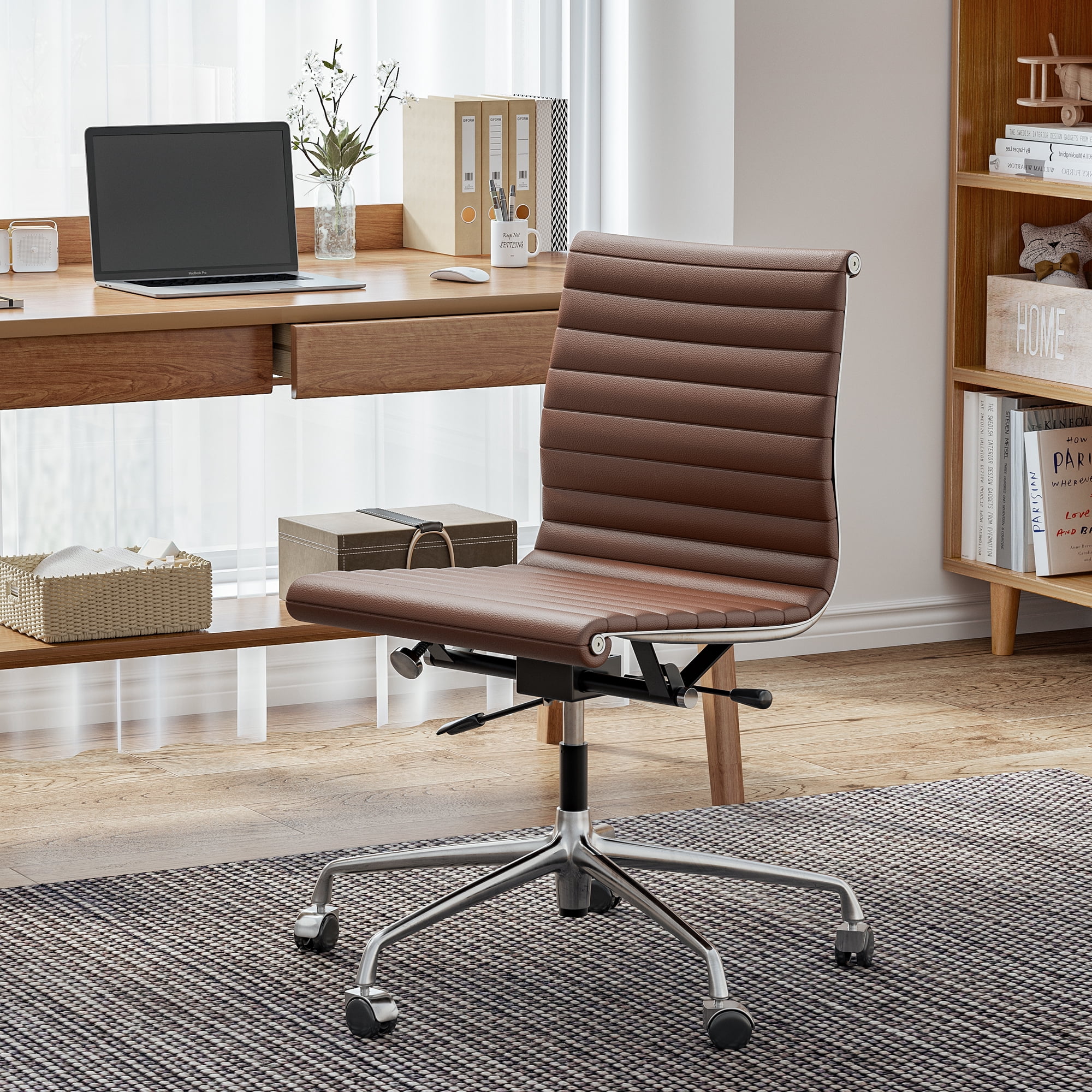 Raffle Pinker Ribbed Genuine Leather Office Desk Chair Mid Back Armless Executive Conference Room Chair Adjustable Computer Chair Swivel Chair for Home Office, Brown
